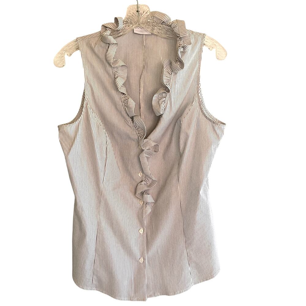 New York & Company Stretch Sleeveless Button-Up Top Ruffle Neck Pinstripe V-Neck
